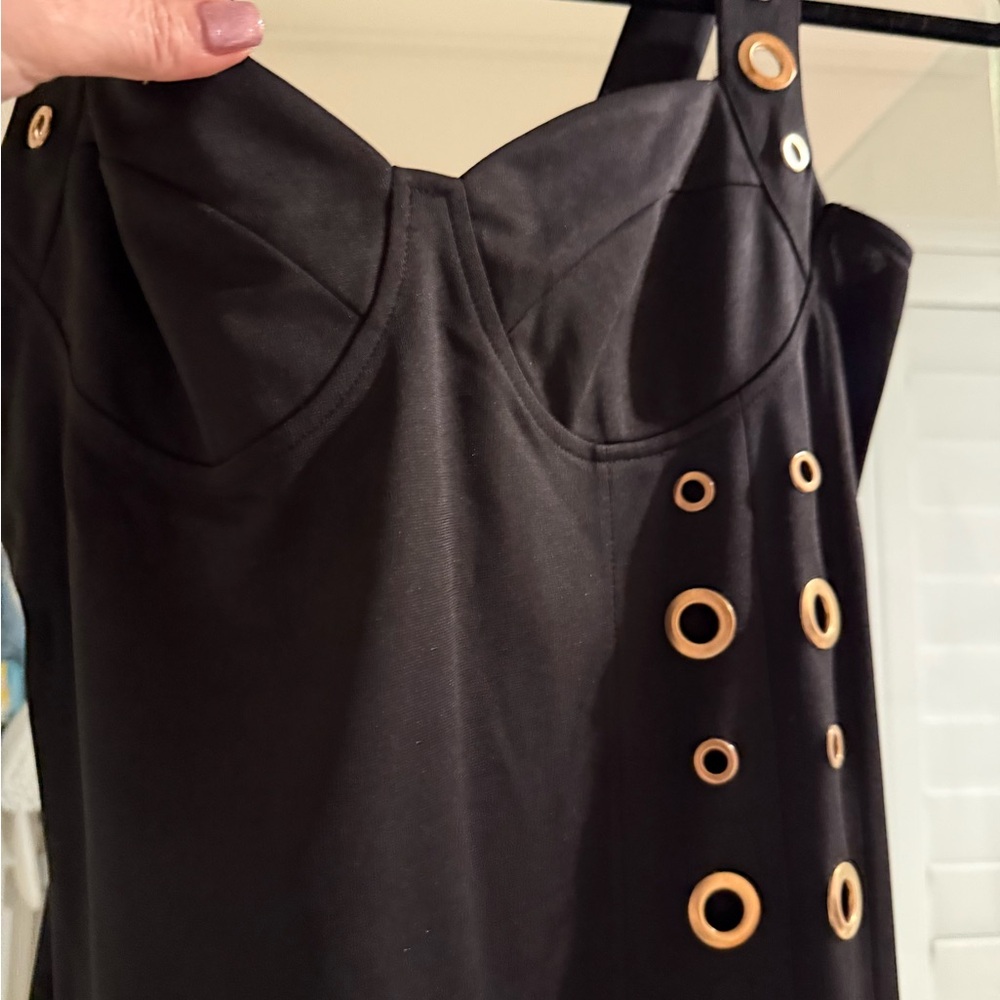 Elegant Black Midi Dress with Gold Accents
